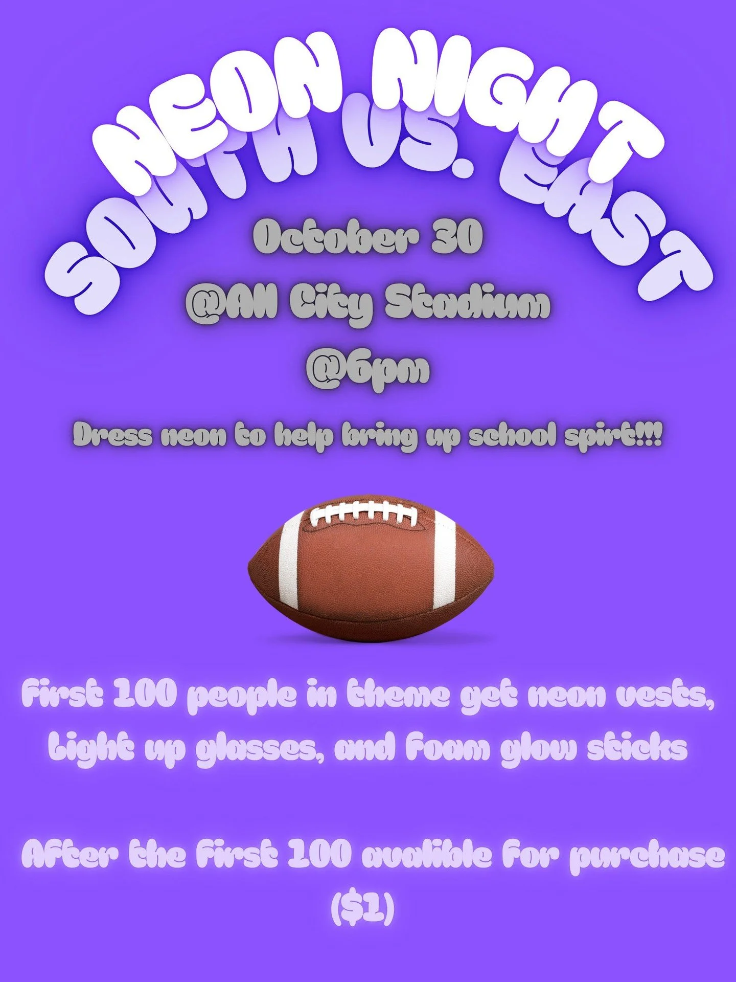 ๐ก๐ NEON NIGHT is almost here! ๐๐ก
Come light up the stands as South takes on East at All City Stadium — October 30 @ 6PM!
Dress in your brightest neon and show your Raven pride! ๐โก
The first 100 people in theme get free neon vests, light-u