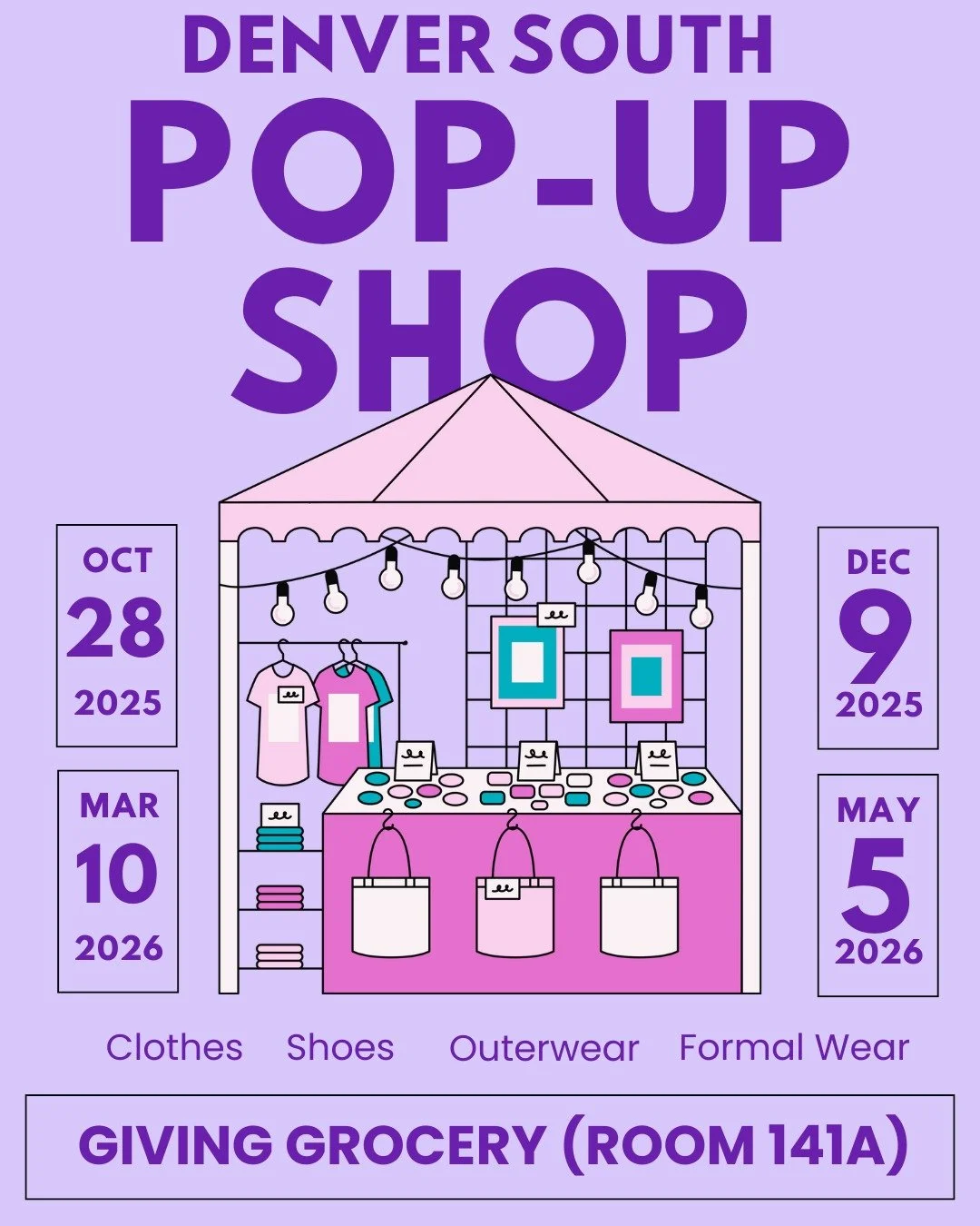 ๐๐ Clothing Pop-Up at Denver South! ๐๐
We’re excited to announce our SY 2025–26 Clothing Pop-Up dates! Help support our students and families by donating gently used clothing and shoes — or by volunteering your time. Every bit