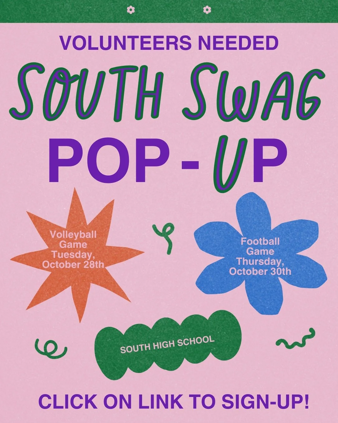 ๐๐ค We need your help, Ravens! ๐ค๐
Let’s finish the fall season strong by helping at the South High School Swag Shop during our final home games! ๐
๐ Volleyball Game: Tuesday, October 28th
๐ Football Game: Thursday, October 30th
We&rsqu