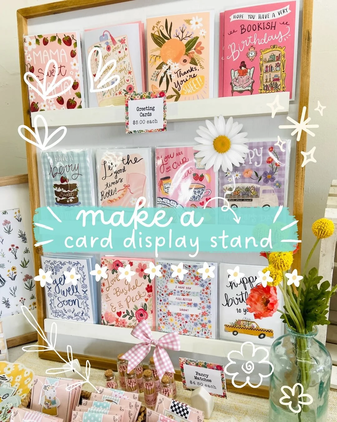 A little card stand diy! 💌 One of my fav market display pieces is this portable card stand my husband and I built! Fits 12 A2 size cards and the back bracket folds flat! 

🌼 Start with a pre-framed wood canvas. (Found mine at Hobby Lobby) 

🌼 Pain