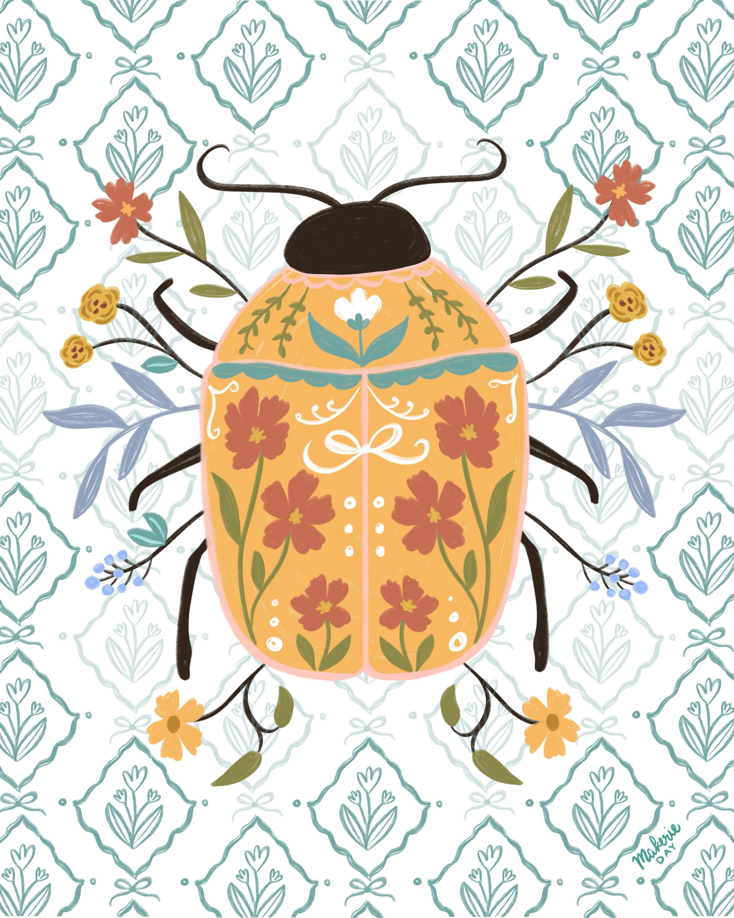 Working on a spring collection and inspired by the #bugsinbloom2026 art challenge, here&rsquo;s a little beetle &amp; cosmos flowers! 💐 🐞 

Hosted by: 
@heathermuellerdesign 
@jillian.nichole.illustration 
@kim_ko_design 
@palindromeart 
@megpiepri