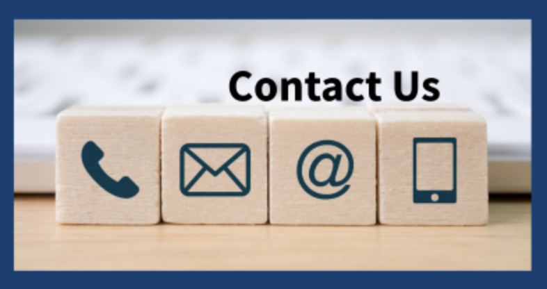 Contact information icons including phone, email, at symbol, and mobile phone on wooden blocks.