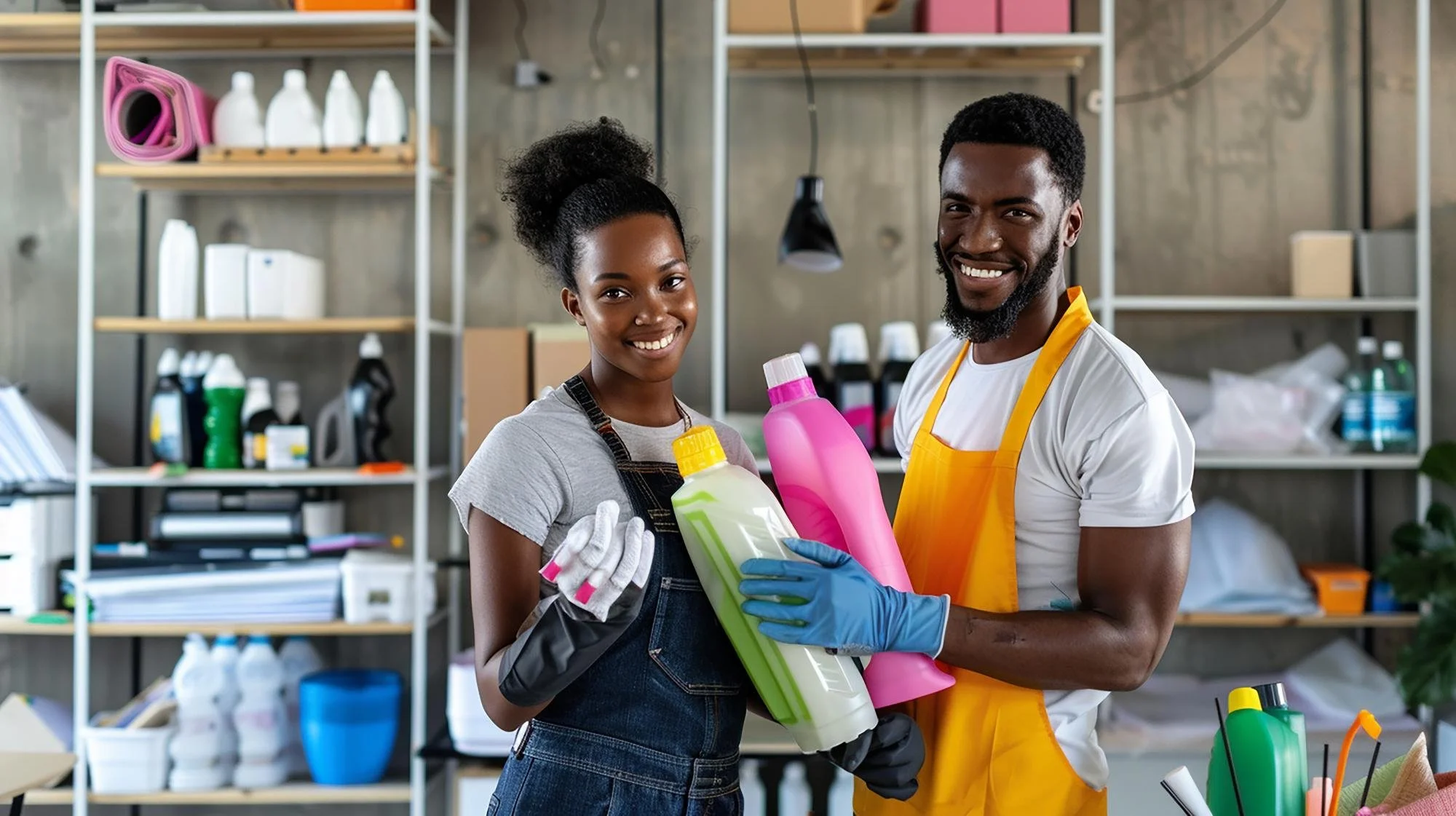 Two people, a woman and a man, smiling and holding cleaning supplies in a storage room with shelves of bottles and cleaning products.