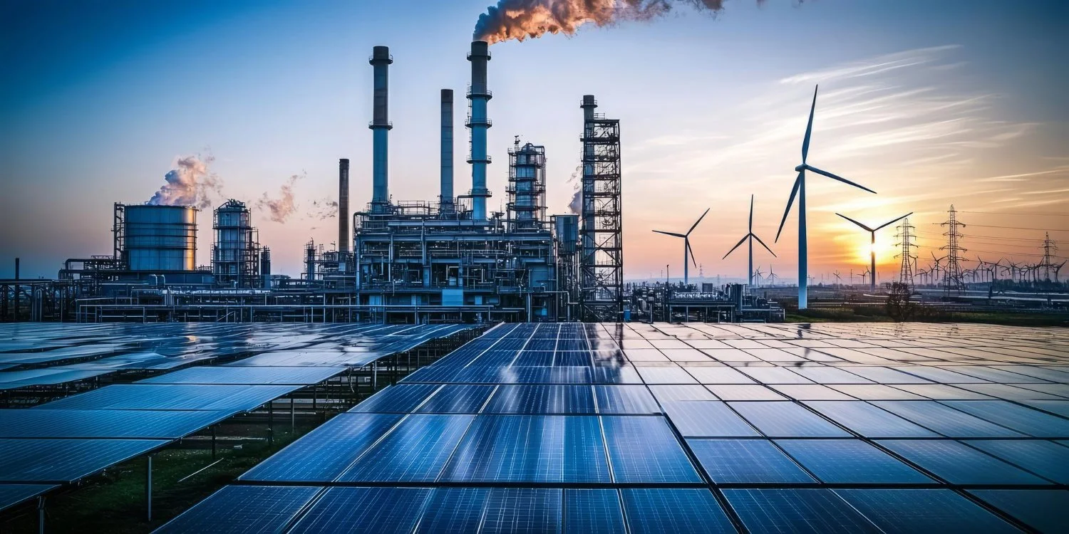 A renewable energy power plant featuring solar panels in the foreground and wind turbines in the background during sunset.