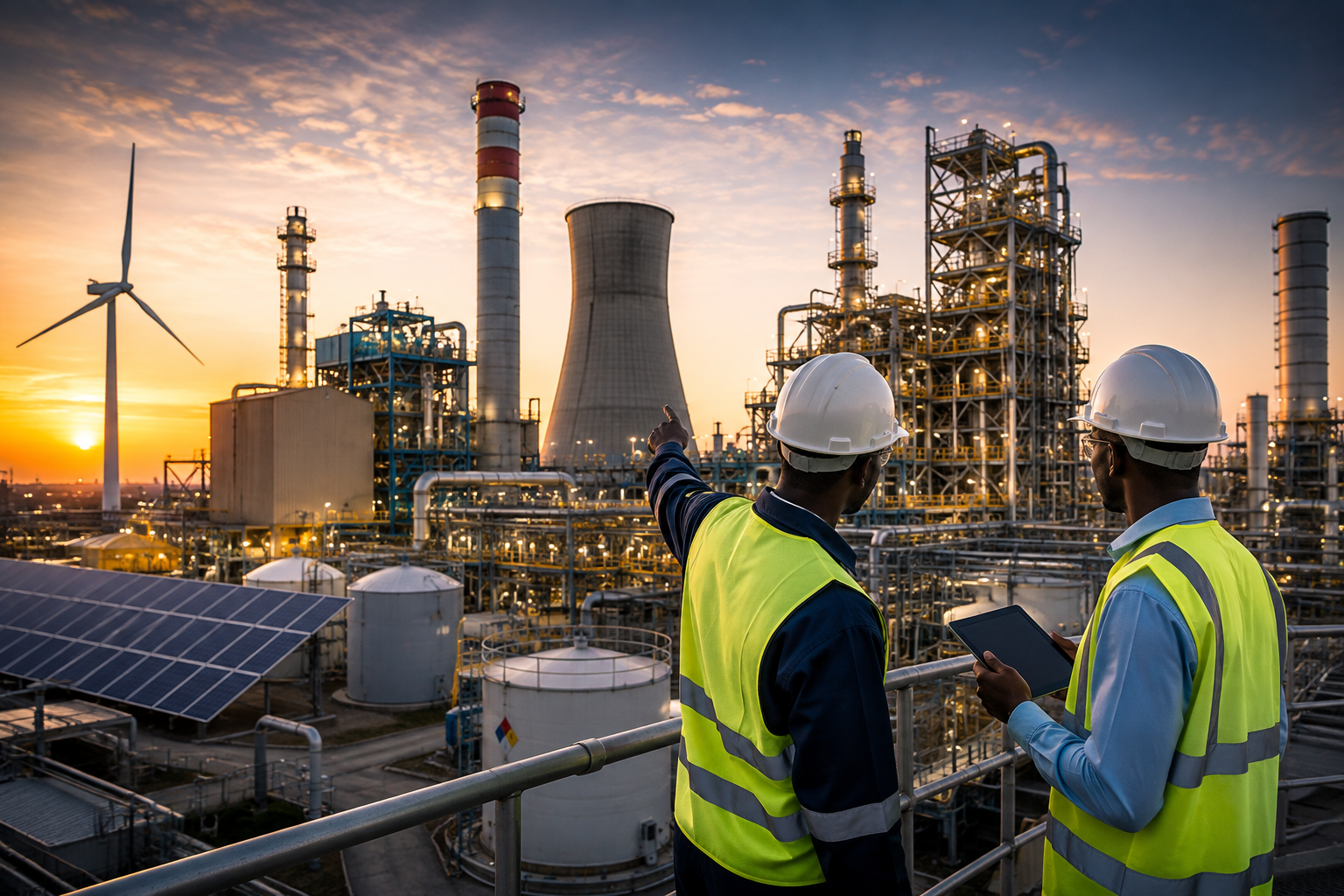 Two workers in safety vests and helmets inspecting an industrial plant at sunset, with solar panels and wind turbines visible.