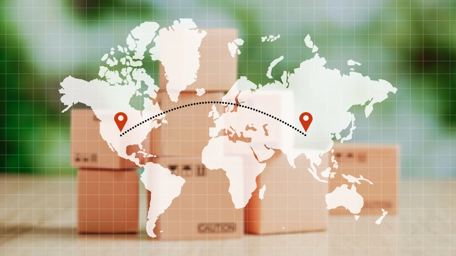 World map with dotted line connecting two location markers, overlaid on white cardboard boxes with blurred green outdoor background.