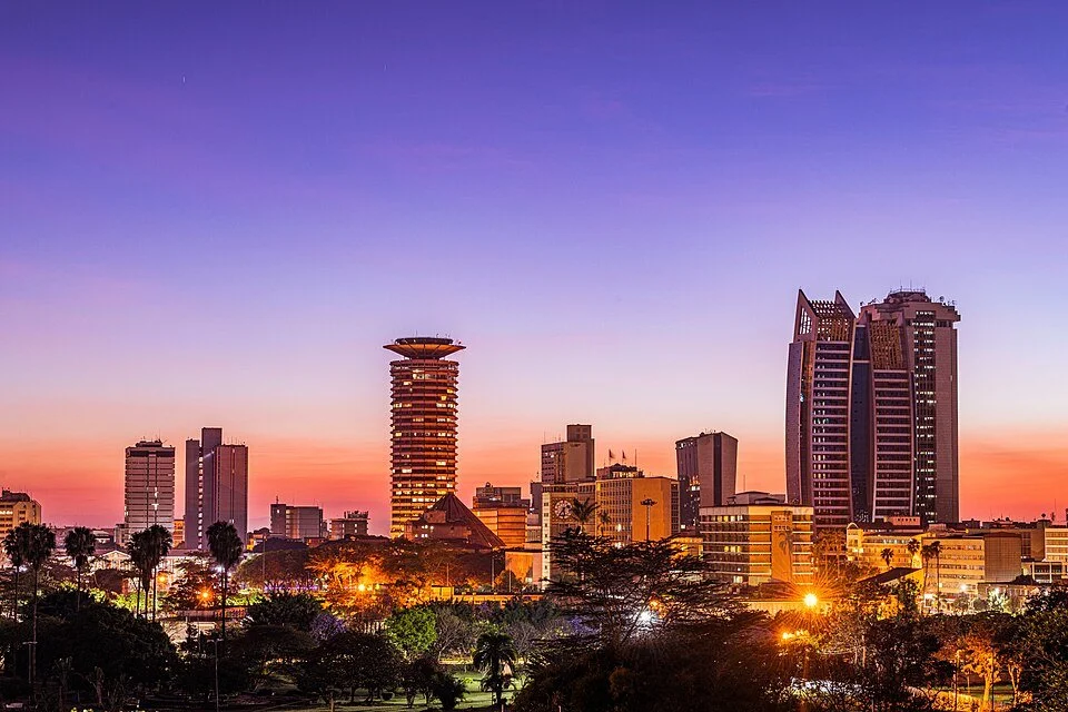 City skyline during sunset with tall buildings and trees in the foreground.