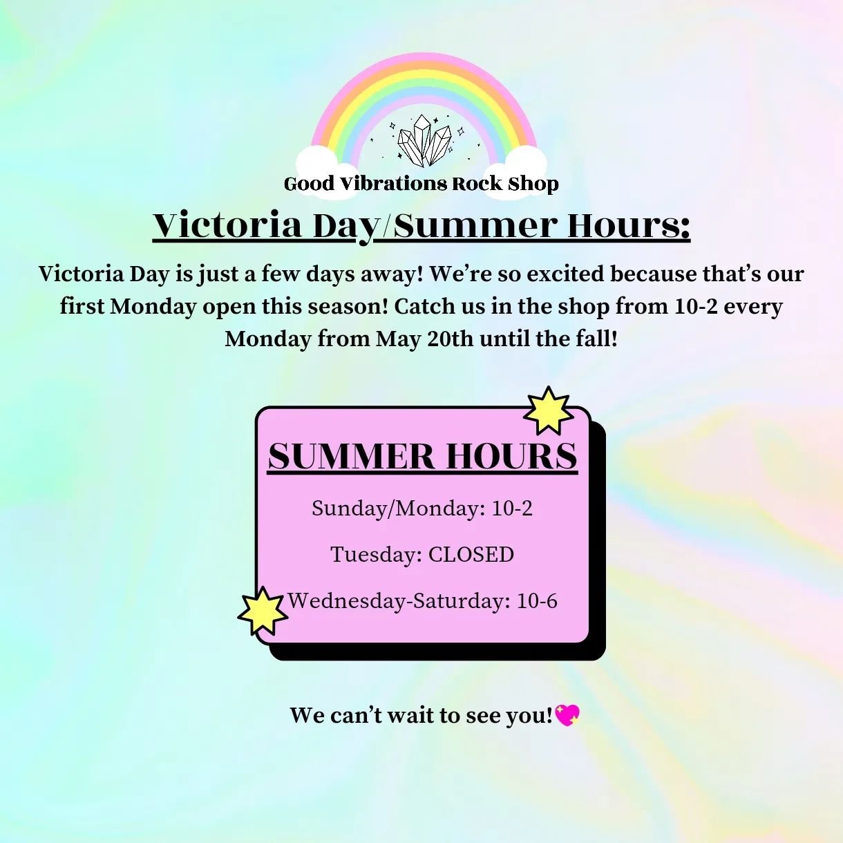 ☀️SUMMER HOURS☀️

Summer is right around the corner and so are our official summer hours!

Starting next week - Mondays are back in the mix!🗓️

From now until the fall you can find us in the shop from 10-2 on Mondays!&nbsp;

We&rsquo;re so excited f