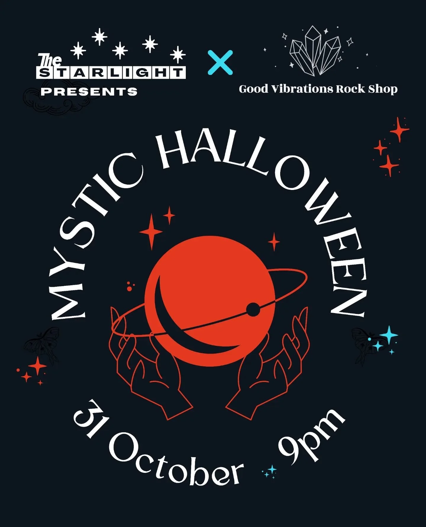 🎃✨MYSTIC HALLOWEEN PARTY✨👻
Friday, October 31st • 9PM @ The Starlight
The veil is thin, the vibes are high, and the dance floor is calling🌙🪩
Good Vibrations Rock Shop & The Starlight are teaming up for a Halloween night like no other!