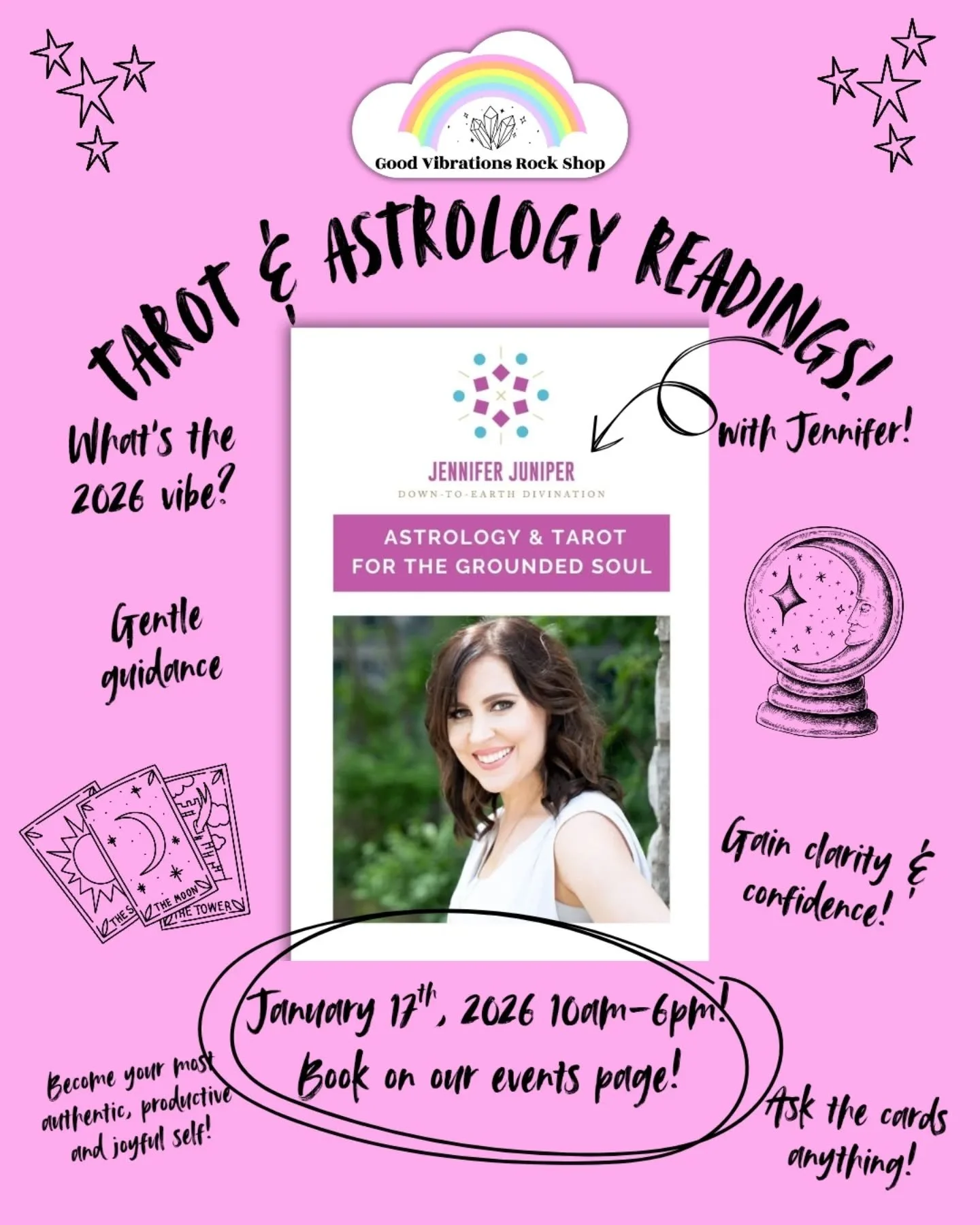 ✨Tarot &amp; Astrology Readings with Jennifer Juniper✨

Saturday, January 17 @ Good Vibrations Rock Shop

Looking for a last-minute gift that actually means something? A reading is a beautiful way to give clarity, insight, and a little magic✨

Jennif