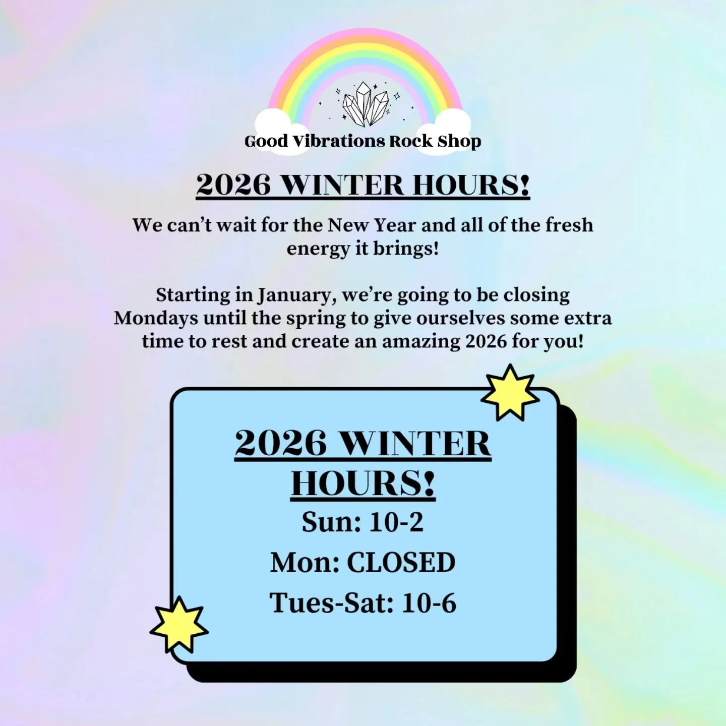 ❄️✨January Hours Reminder✨❄️

We will be closed from December 31st to January 5th for some much needed R&amp;R!

Once we reopen, our winter hours will be:
🪩Sun: 10-2
🪩Mon: CLOSED
🪩Tues-Sat: 10-6

Thank you for your love and understanding while we 
