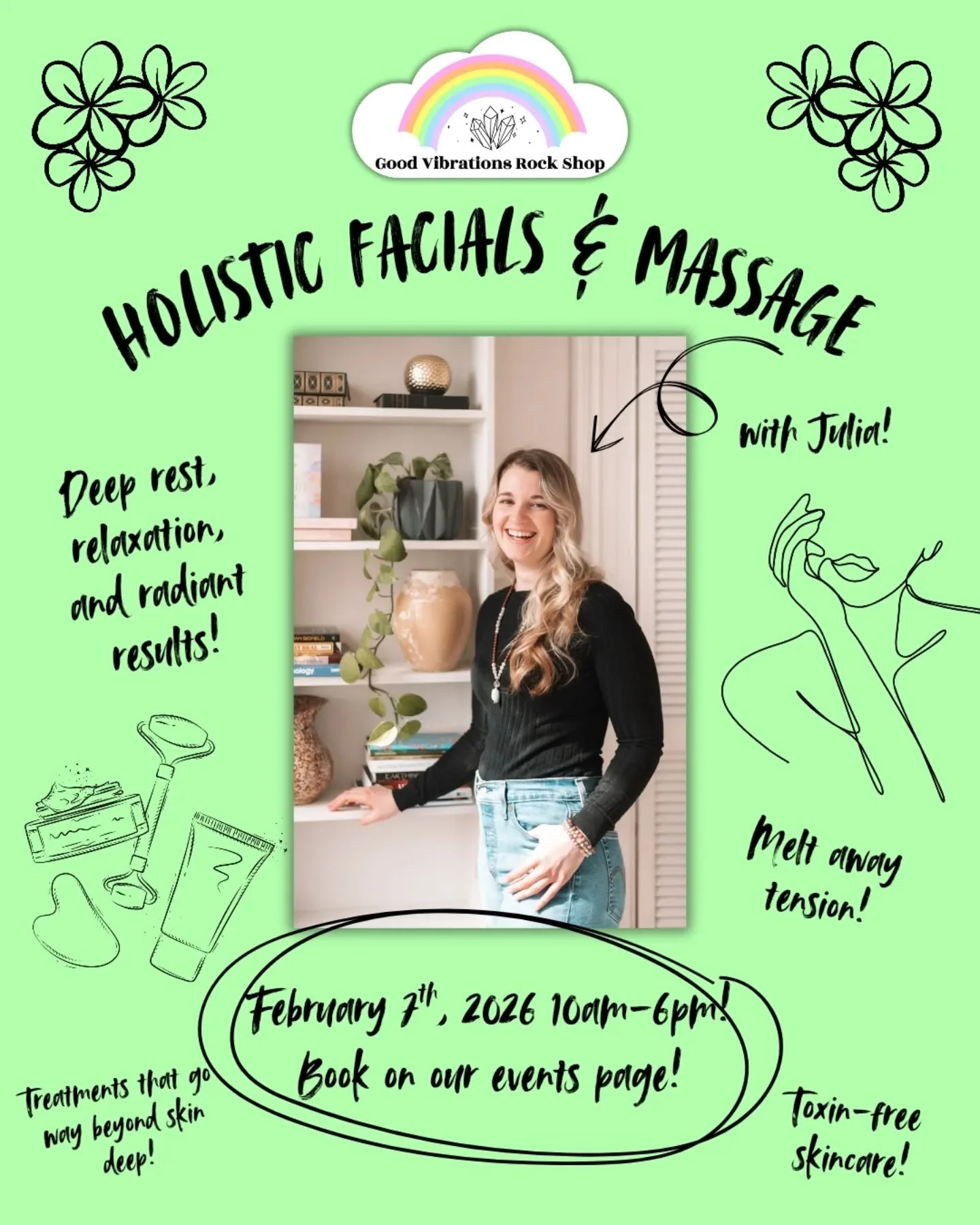 ✨Holistic Facials &amp; Massage with Julia✨
Saturday, February 7 &bull; 10am&ndash;6pm @ Good Vibrations Rock Shop

We&rsquo;re so excited to welcome Julia from Good JuJu Wellness into the shop for a full day of deeply restorative, nervous-system-soo