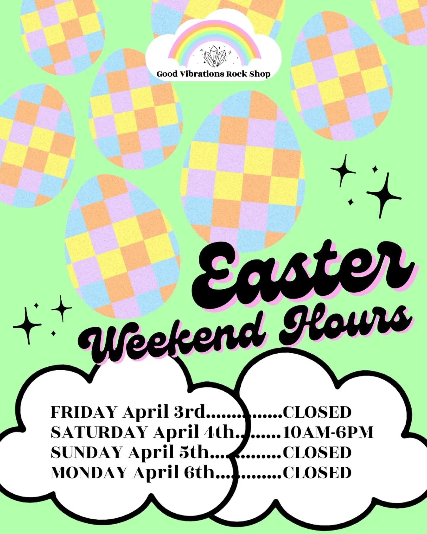 Holiday hours for this coming weekend!🌈🐣💖✨

Friday: CLOSED
Saturday: 10-6
Sunday: CLOSED
Monday: CLOSED
Tuesday: 10-6 (back with regular hours🙌🏻)

We hope you all have a beautiful weekend with friends &amp; family!🐇✨