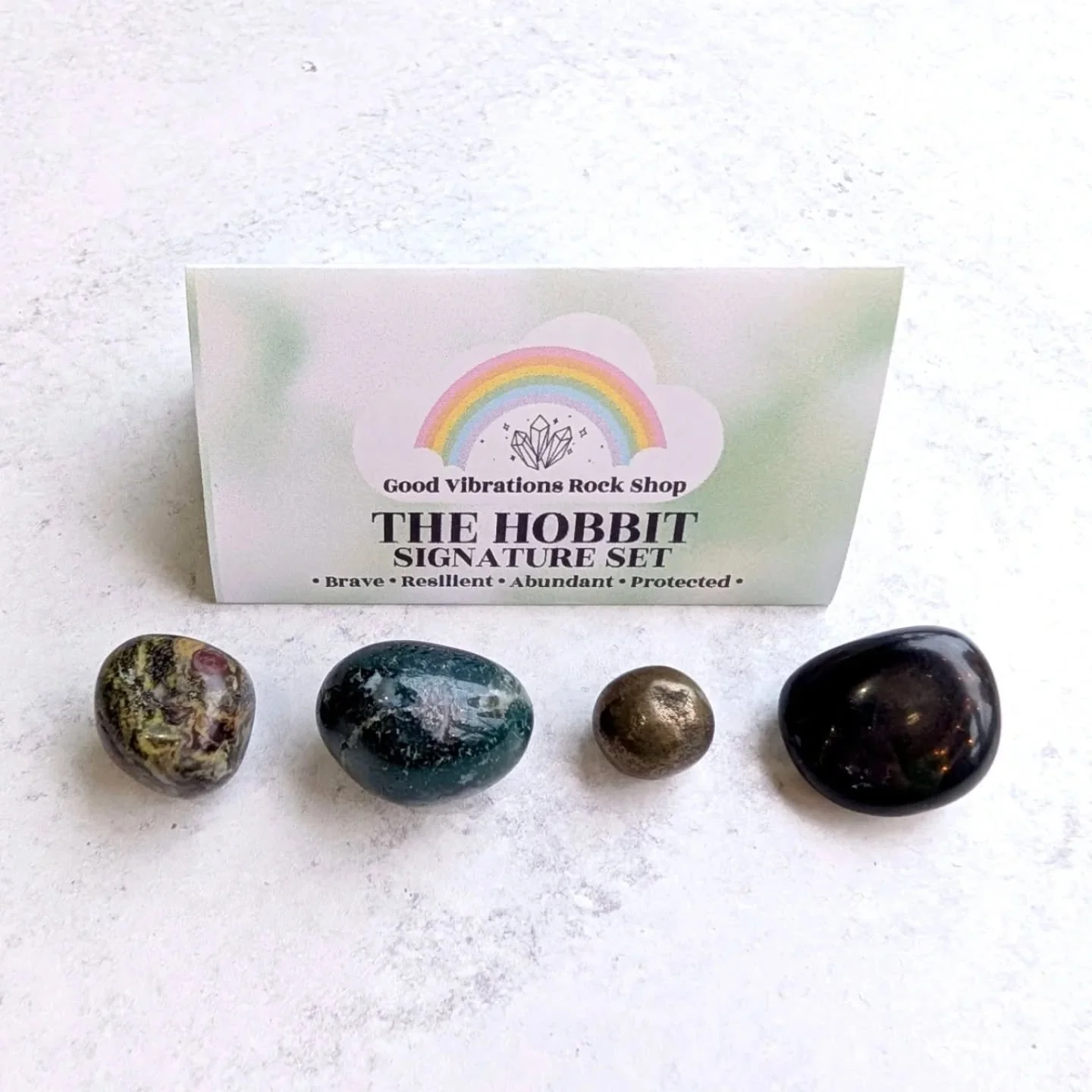 Happy Hobbit Opening Day!!🧙🏻&zwj;♀️

In honour of today's opening, our GVRS Hobbit Signature Sets will be 11% off in store and online!

This set is stocked with:
🐉Dragon Blood Jasper for Bravery 
🌱Moss Agate for Resiliency
💰Pyrite for Abundance
