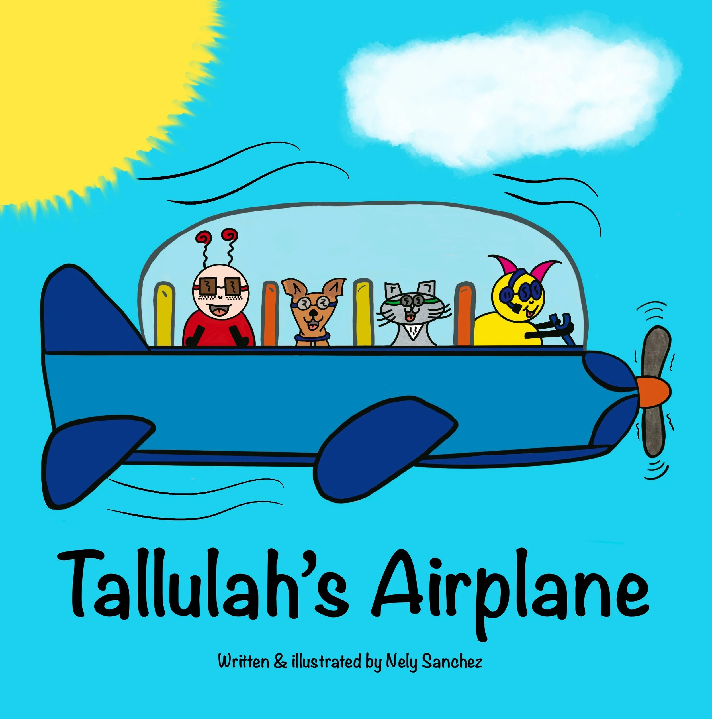 A cartoon image of Tallulah Spider and her friends flying an airplane.