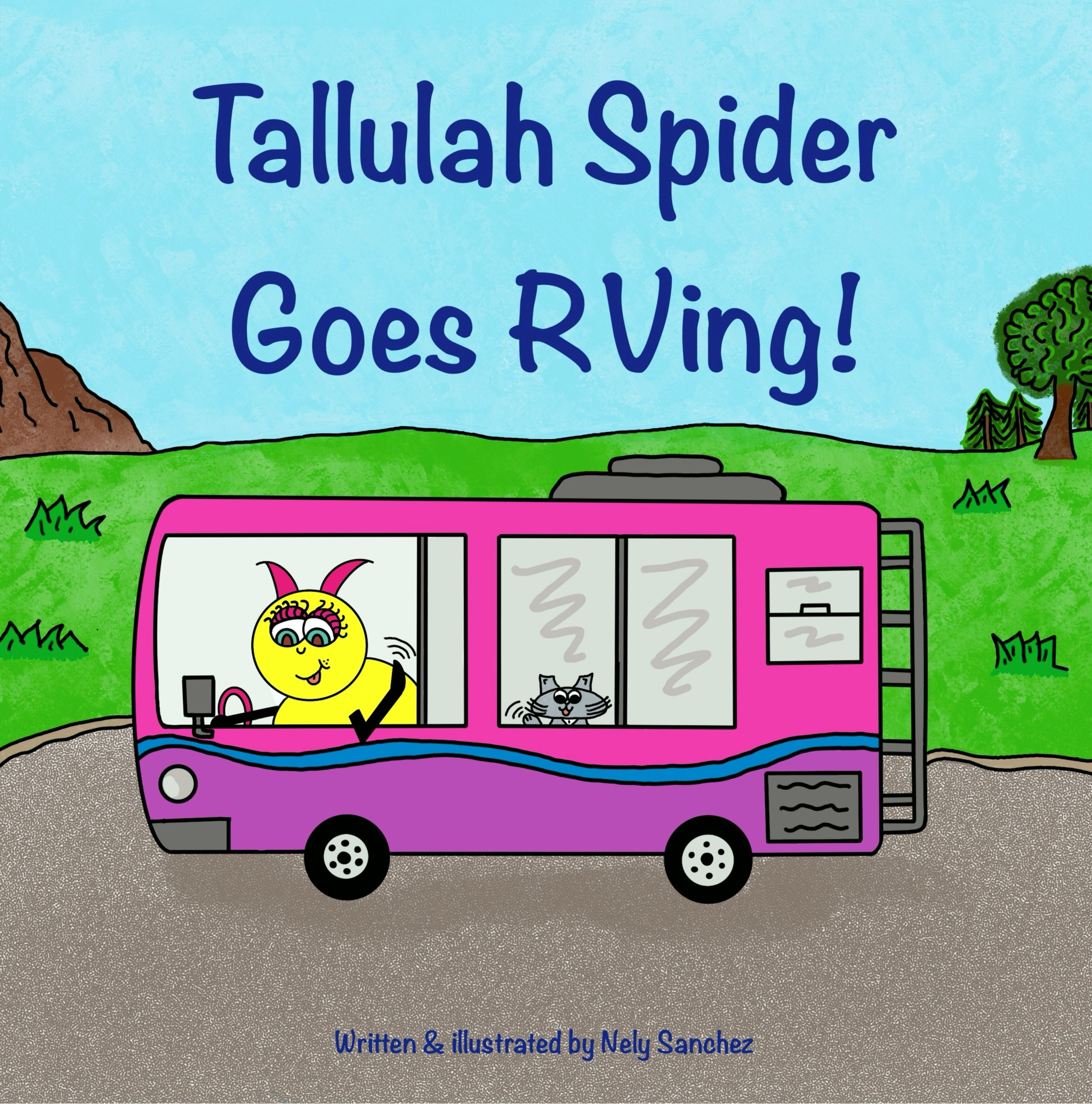 A cartoon picture of Tallulah Spider waving from the driver’s side window of her RV with her cat.