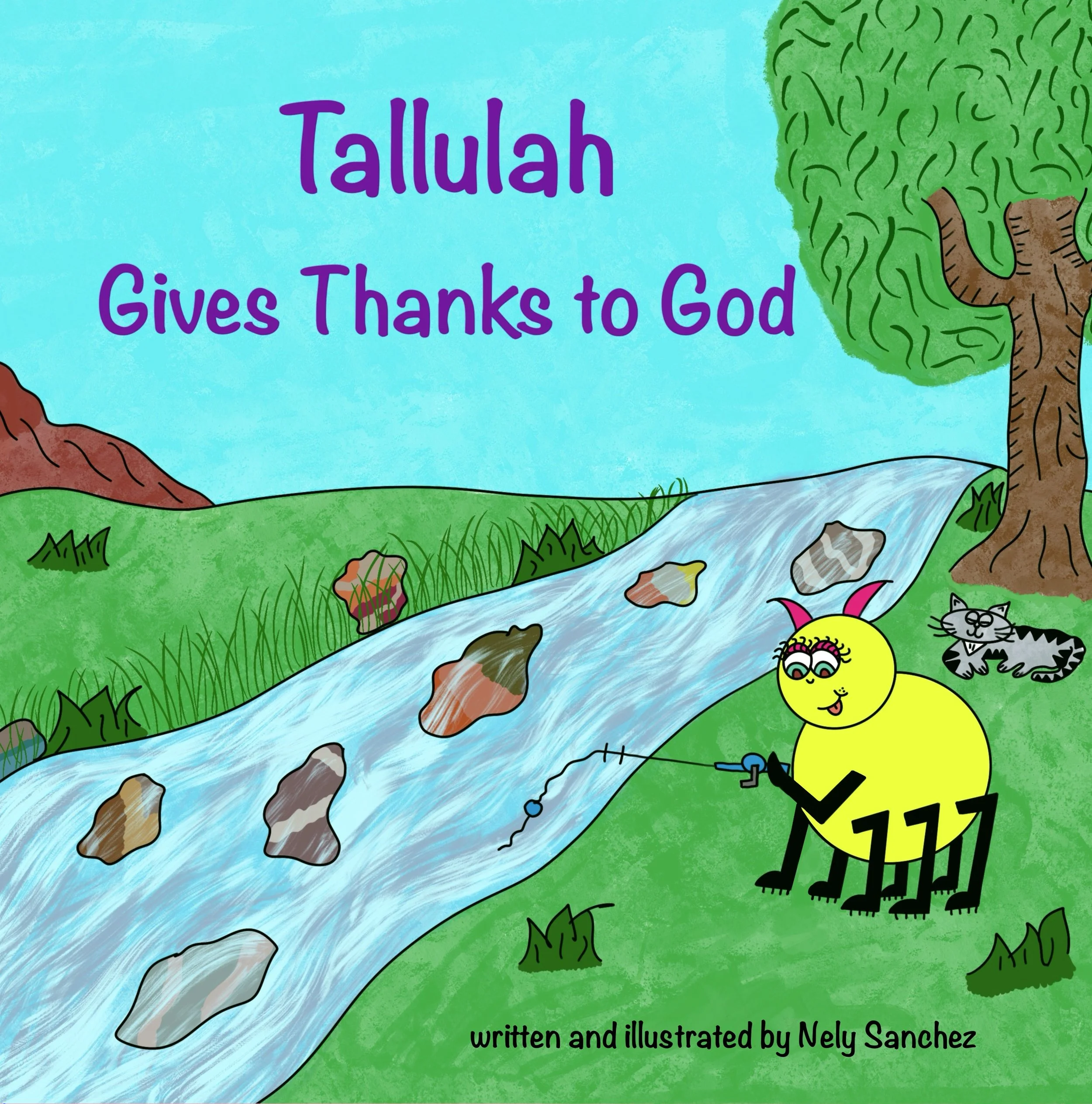 A cartoon picture of Tallulah Spider fishing from a stream as her cat sleeps under a tree.