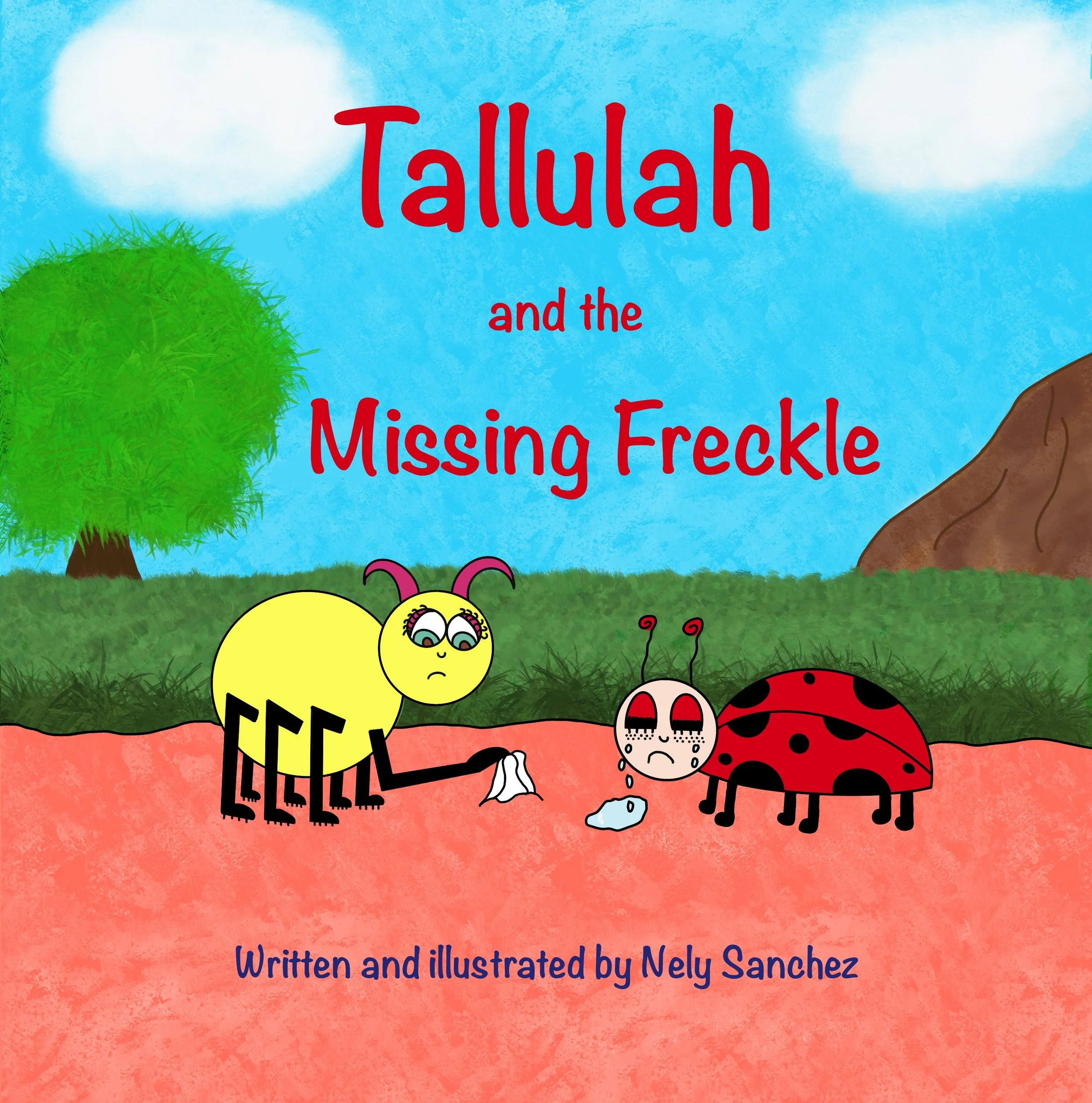 A cartoon image of Fanny-Lu the Ladybug crying and Tallulah Spider handing her a tissue.