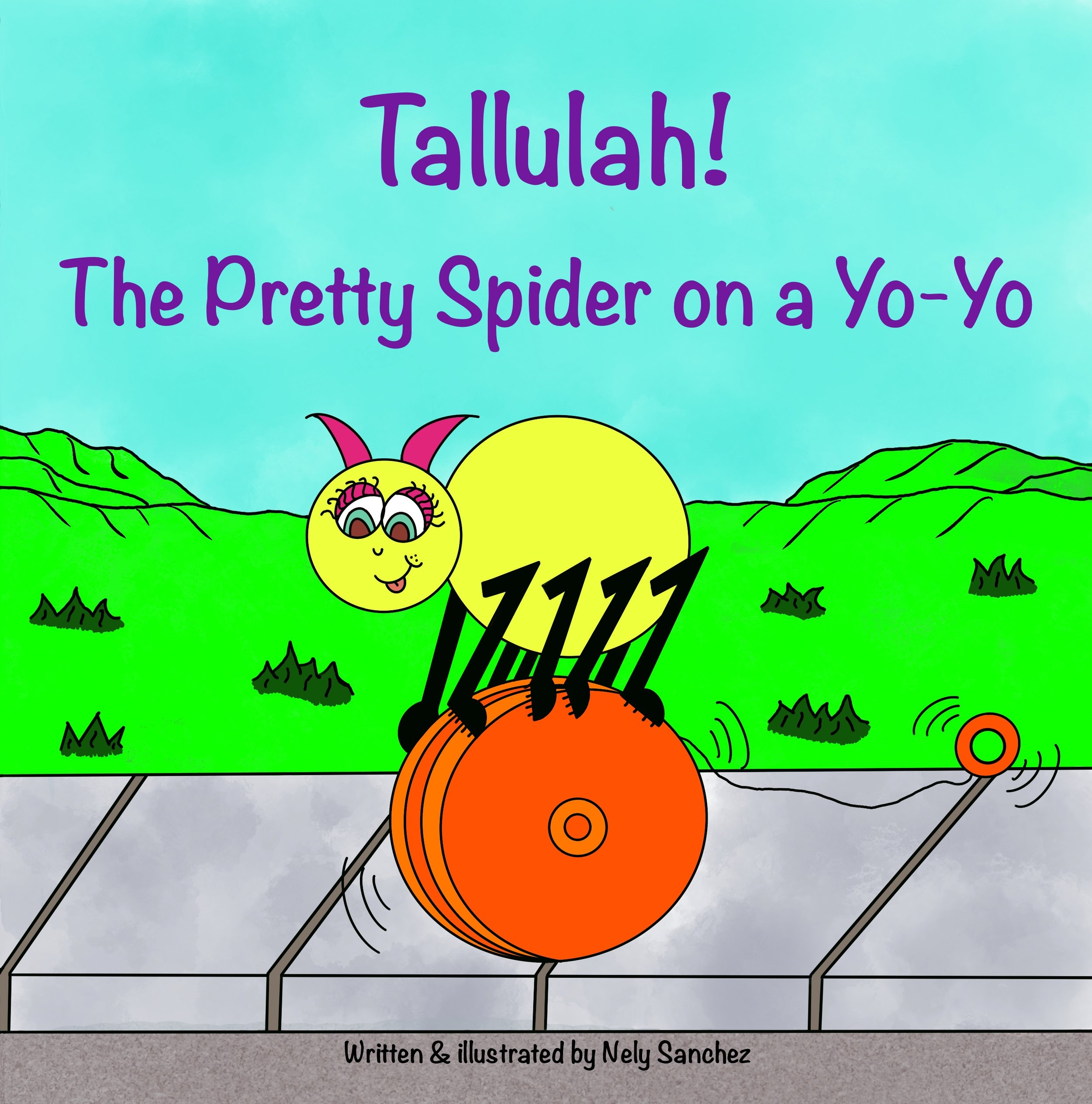 A cartoon picture of Tallulah Spider riding around on an orange yo-yo.