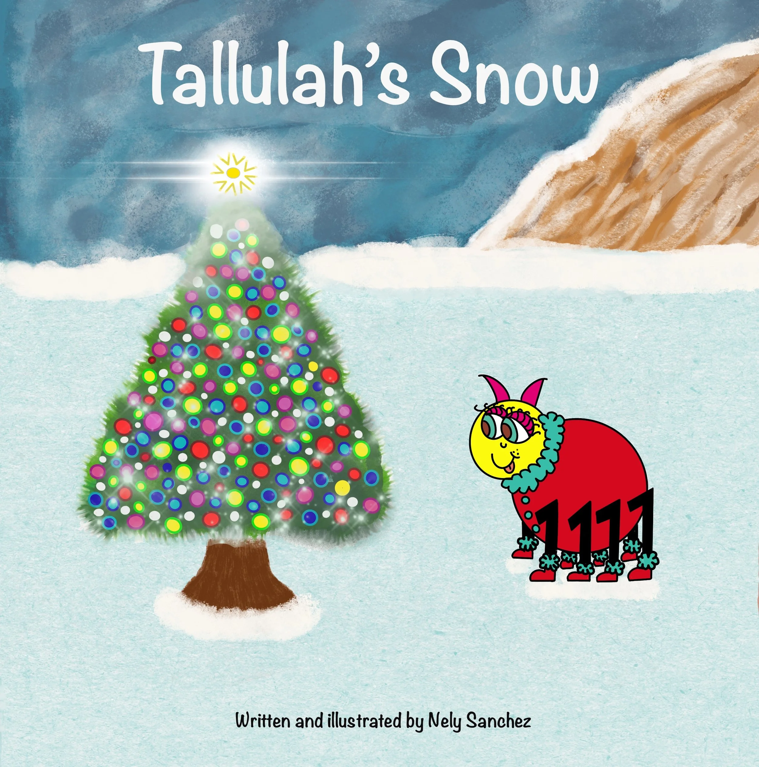 A cartoon picture of Tallulah Spider standing out in the snow looking at her outdoor Christmas tree.