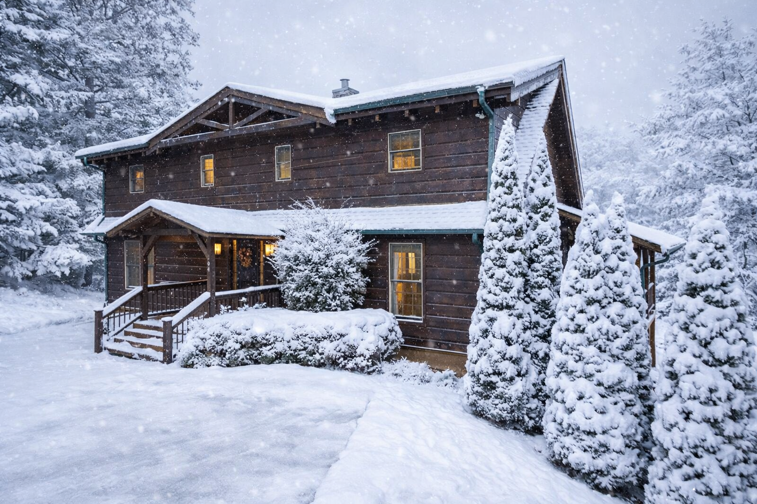 Arrive at a welcoming log cabin with a paved driveway, covered front porch, lush landscaping, and tall evergreens for added privacy—offering easy access, rustic charm, and a cozy mountain retreat steps from nature and modern comfort.