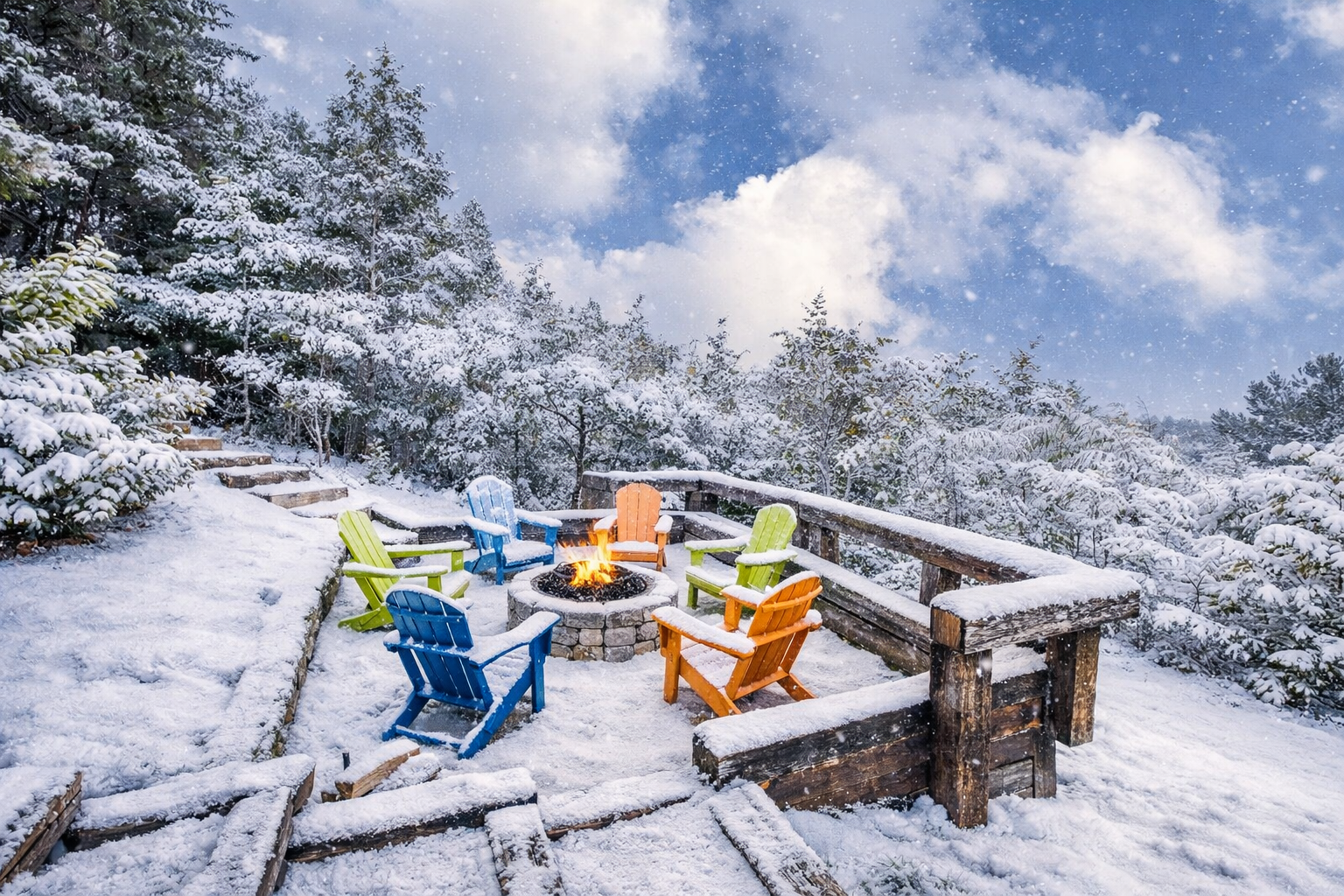 Cozy up around the outdoor fire pit surrounded by colorful Adirondack chairs and forest views. This private seating area is ideal for stargazing, s’mores, and making memories—an inviting retreat for families, friends, and nature lovers alike.