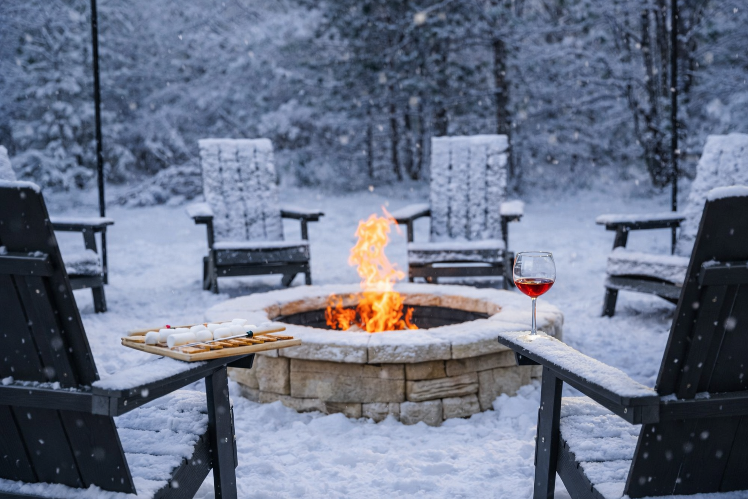 Relax and enjoy a large cozy outdoor firepit surrounded by Adirondack chairs, glowing stonework, and crackling flames with string lights overhead. Open up a bottle of wine, roast some marshmallows, and make some s’mores in the evening under the stars