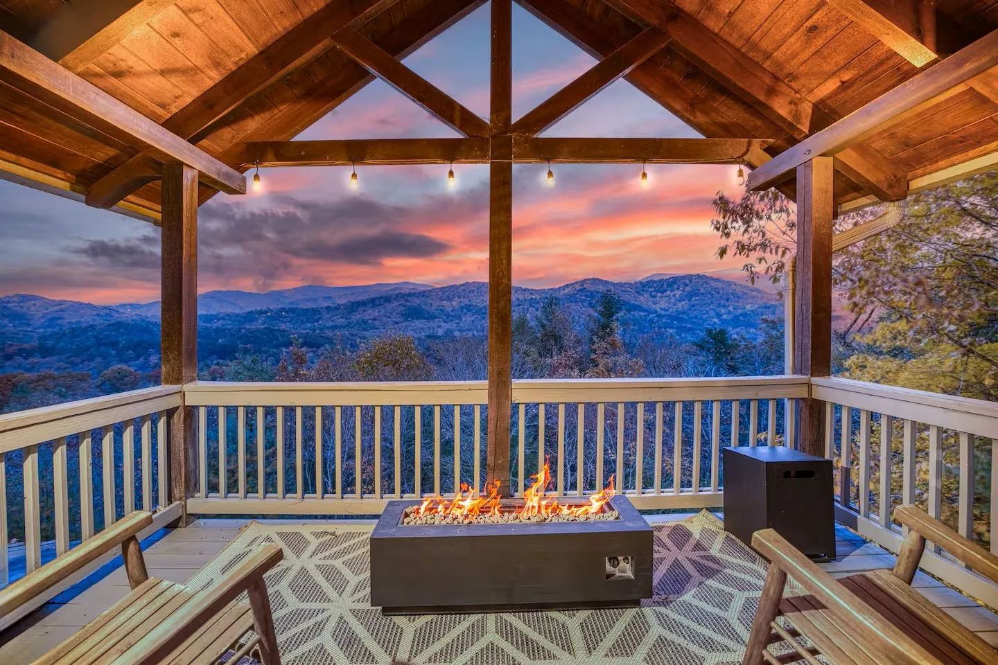 Enjoy breathtaking mountain views from the private third-floor master balcony, complete with rocking chairs, a gas fire table, and ambient lighting. Start your day with sunrise coffee or end it with sunset wine steps from your master bedroom retreat.