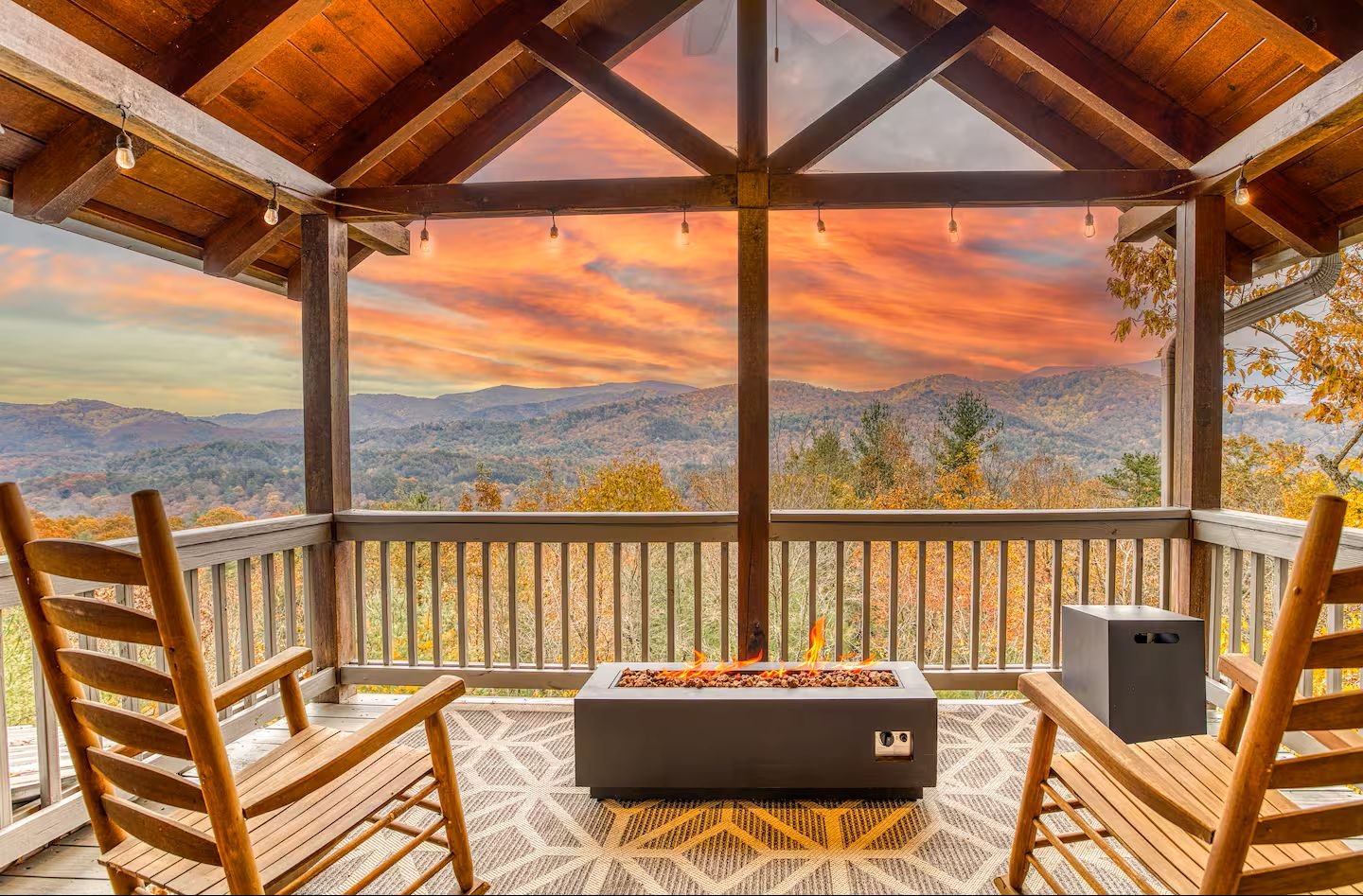 Enjoy breathtaking mountain views from the private third-floor master balcony, complete with rocking chairs, a gas fire table, and ambient lighting. Start your day with sunrise coffee or end it with sunset wine steps from your master bedroom retreat.