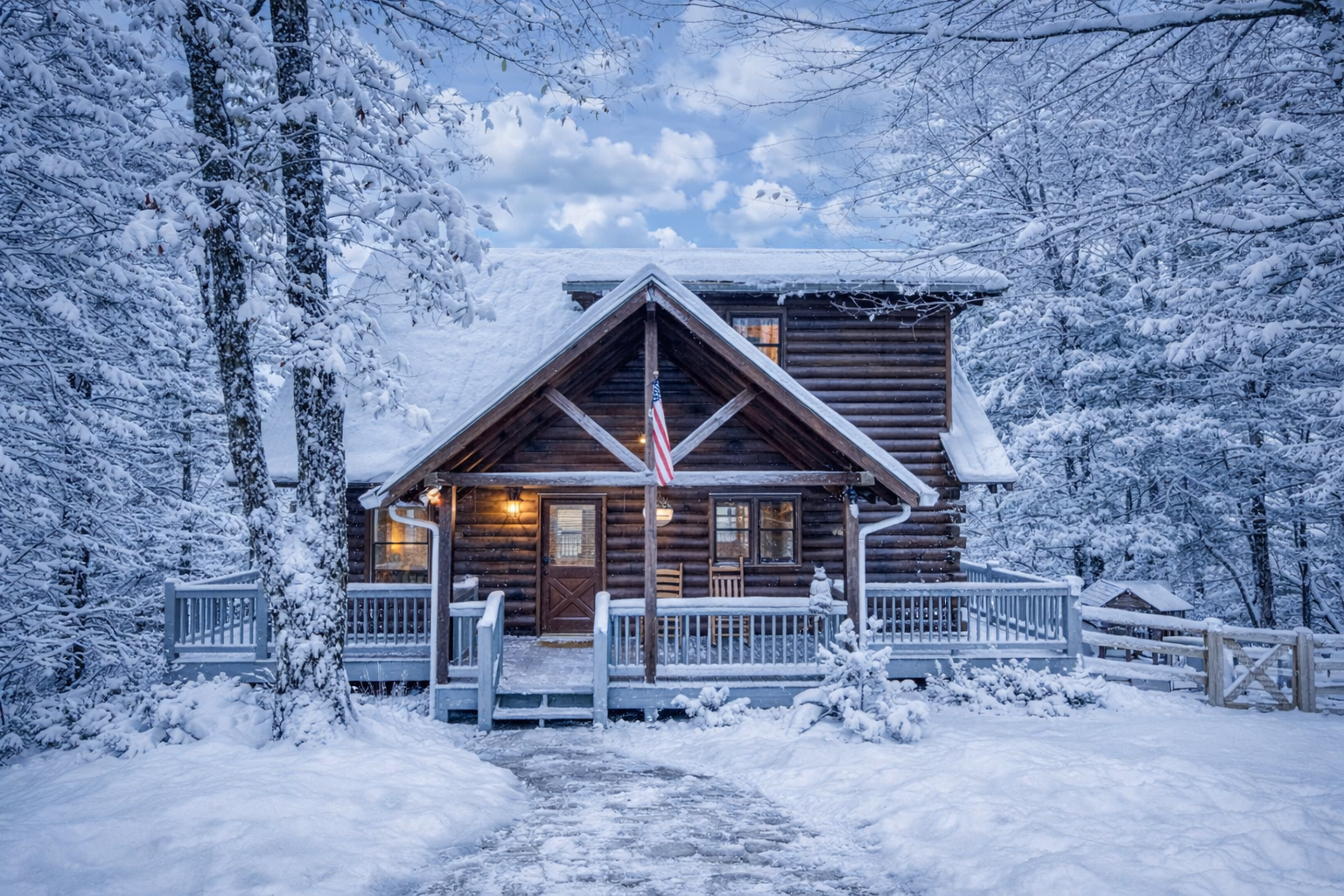 Once you arrive to the top of the mountain you'll come across a cozy secluded cabin tucked in the trees overlooking incredible mountain views. The front entrance has several welcoming rocking chairs and a gated wrap-around porch for the kids or pets.