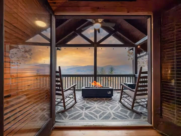 Enjoy breathtaking mountain views from the private third-floor master balcony, complete with rocking chairs, a gas fire table, and ambient lighting. Start your day with sunrise coffee or end it with sunset wine steps from your master bedroom retreat.