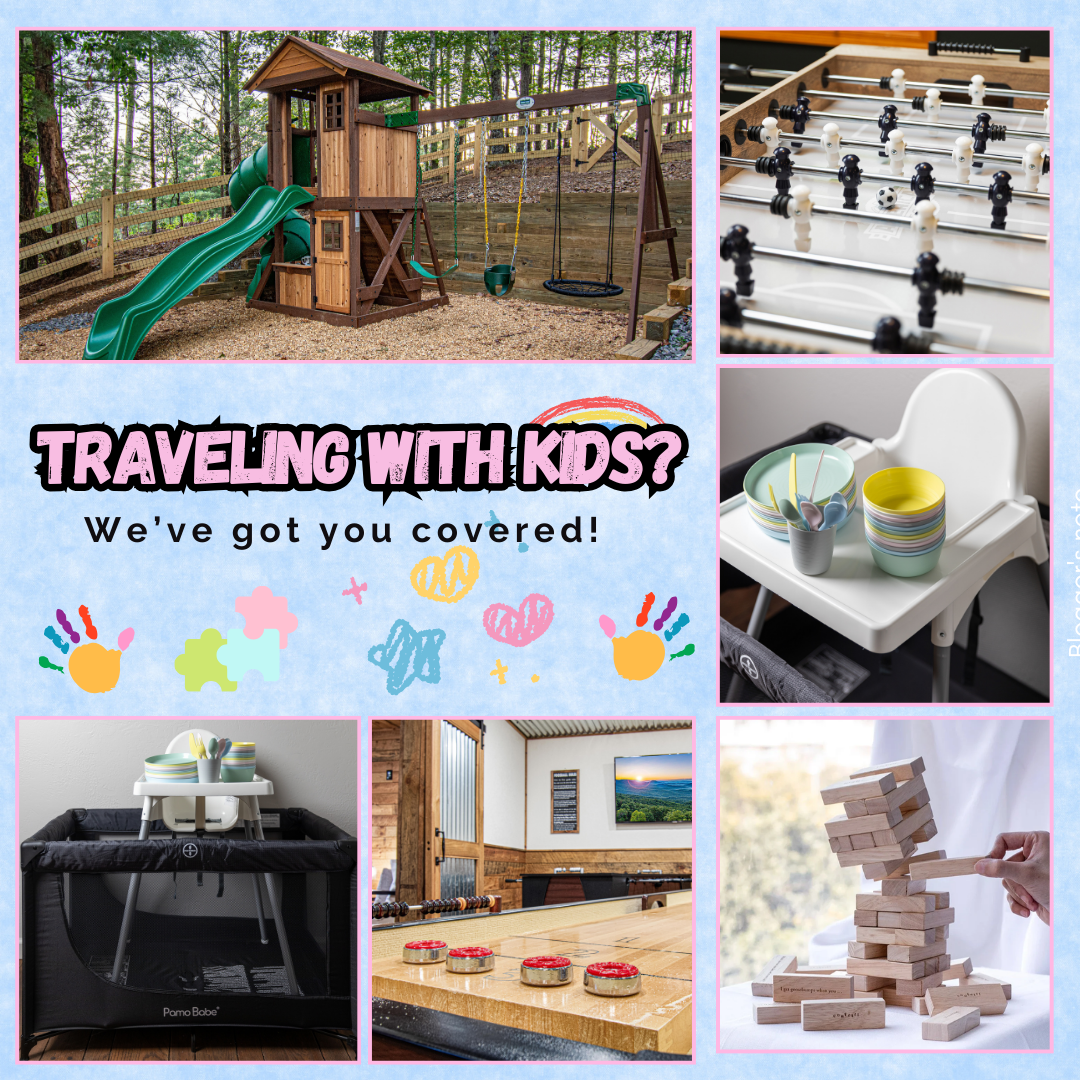 Traveling with kids? This family-friendly cabin has it all—outdoor playground, games, foosball, shuffleboard, high chair, pack ’n play, and kid-safe dining ware. Plenty of space to play, relax, and make memories near Blue Ridge adventures.