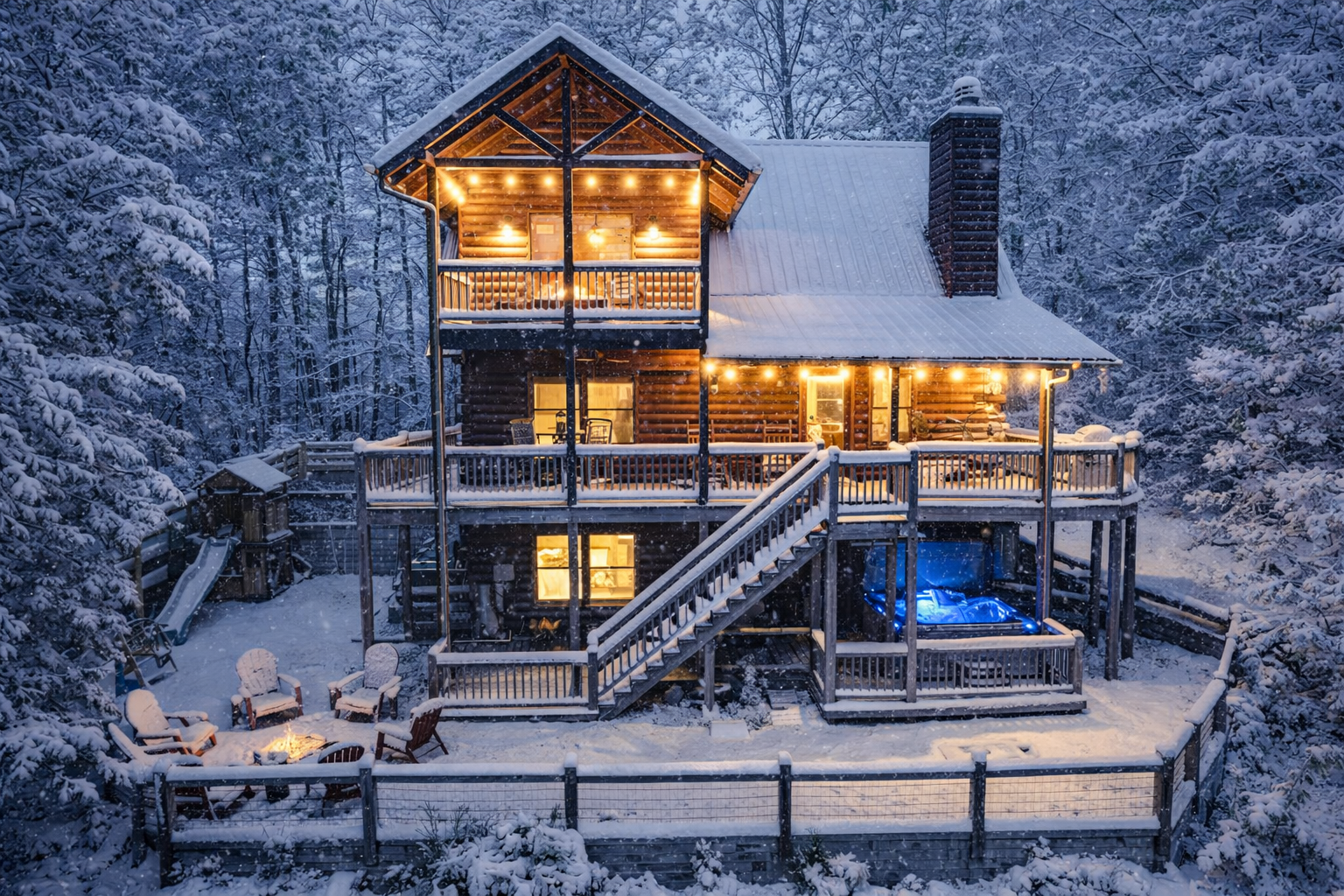 Check Out This Beautiful Bird's Eye View Of Cherry Log Summit Cabin. With It's Year Round Incredible Mountain Views, A Children's Playground, Outdoor Firepit, Large 6-Person Jacuzzi, 2 Hanging Swing Chairs & So Much More, You Don't Want To Miss This!