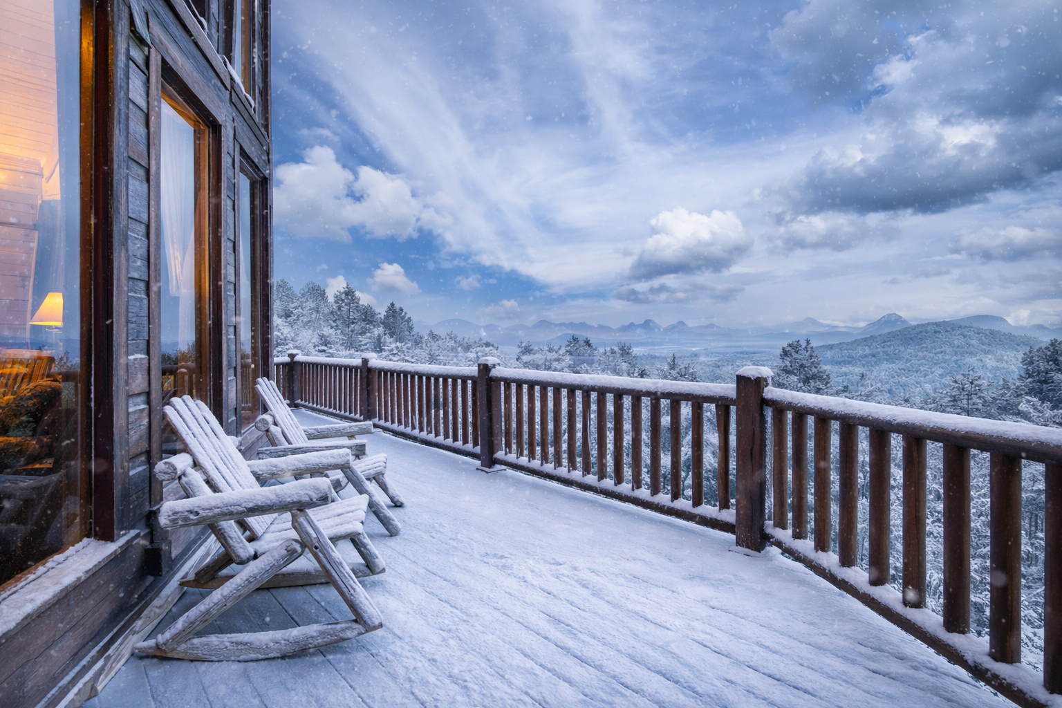 Experience a breathtaking 180° mountain views across North Carolina, Tennessee, and Georgia from a spacious deck with rustic rocking chairs and floor-to-ceiling windows—perfect for peaceful mornings and sunset skies.