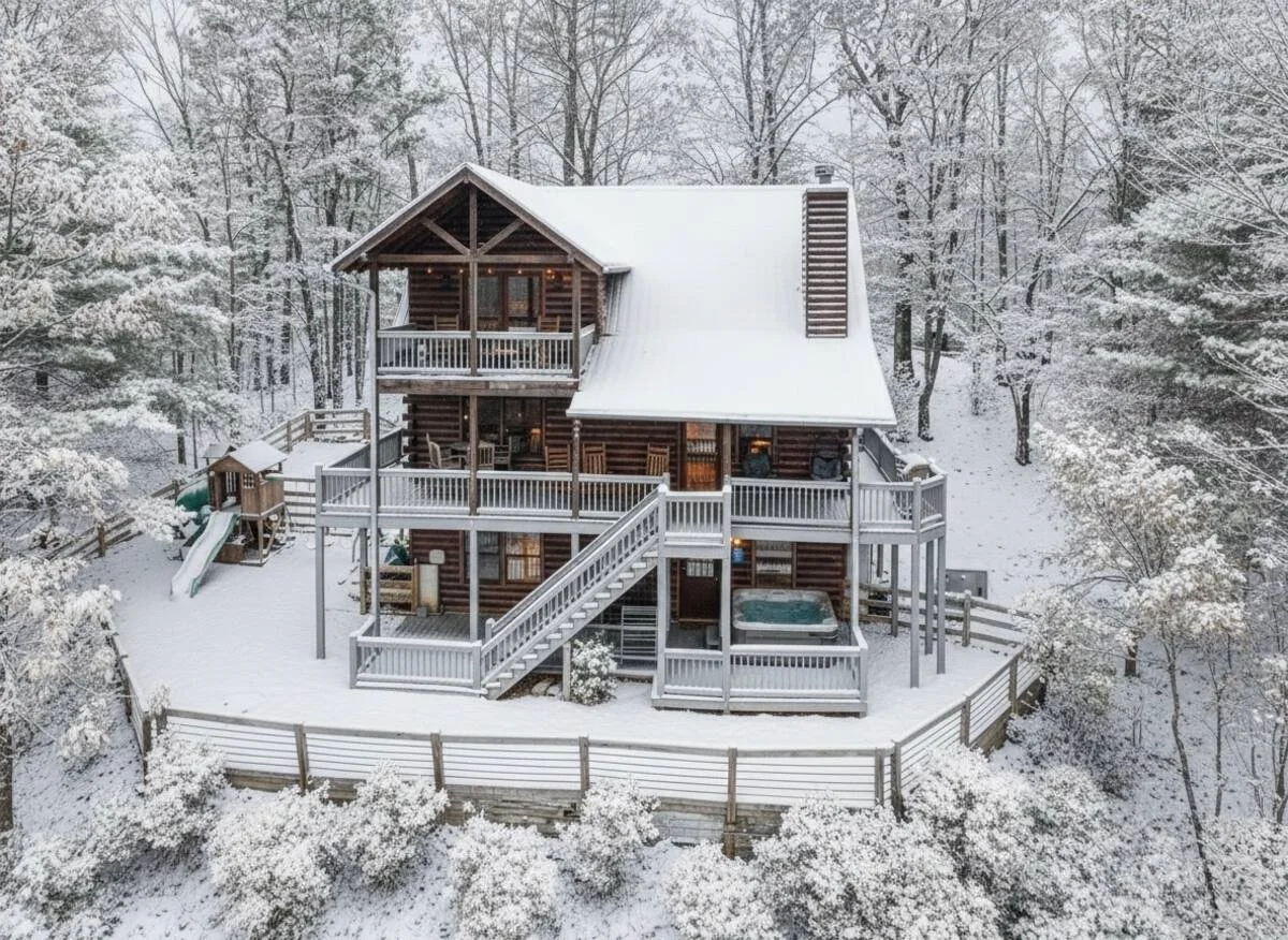 Check Out This Beautiful Bird's Eye View Of Cherry Log Summit Cabin. With It's Year Round Incredible Mountain Views, A Children's Playground, Outdoor Firepit, Large 6-Person Jacuzzi, 2 Hanging Swing Chairs & So Much More, You Don't Want To Miss This!