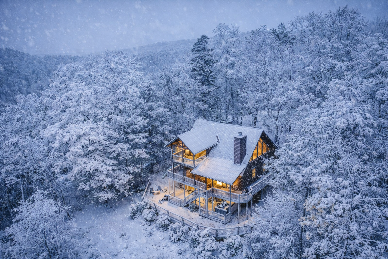 Take in a stunning winter view of your private outdoor oasis, featuring a fire-pit, jacuzzi, playground, and fully fenced yard. Surrounded by snow-dusted mountain views and peaceful forest scenery, it’s the perfect secluded North Georgia escape.