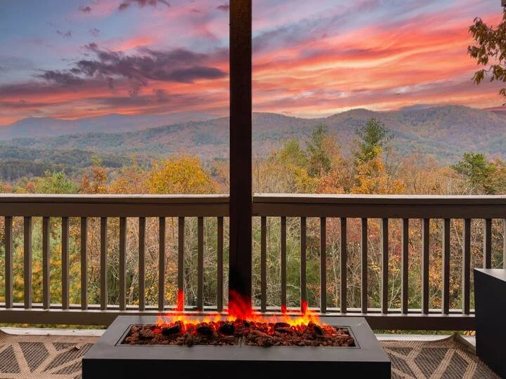 Enjoy breathtaking mountain views from the private third-floor master balcony, complete with rocking chairs, a gas fire table, and ambient lighting. Start your day with sunrise coffee or end it with sunset wine steps from your master bedroom retreat.