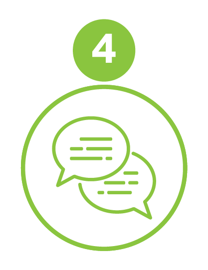 Icon with two speech bubbles inside a circle, and the number 4 in a smaller green circle above.