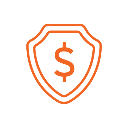 Orange shield icon with a dollar sign in the center.
