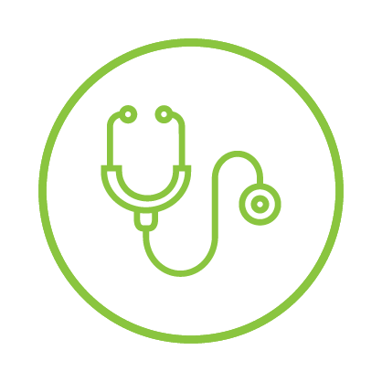 Green outline of a stethoscope inside a circle.