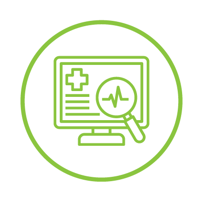 Icon of a computer monitor showing a medical cross and a heart rate graph, with a magnifying glass over the screen, all outlined in green on a black background.