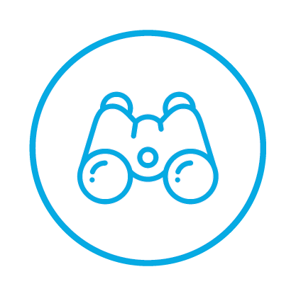 Icon of binoculars inside a blue circle.