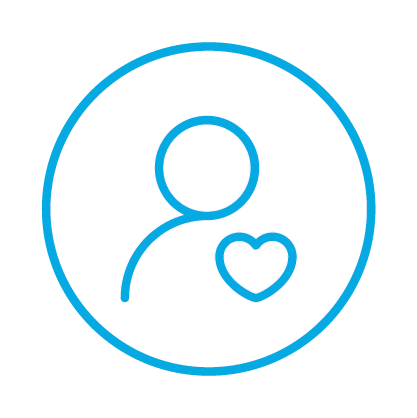 Outline of a person with a heart symbol inside a circle, representing health or caring.