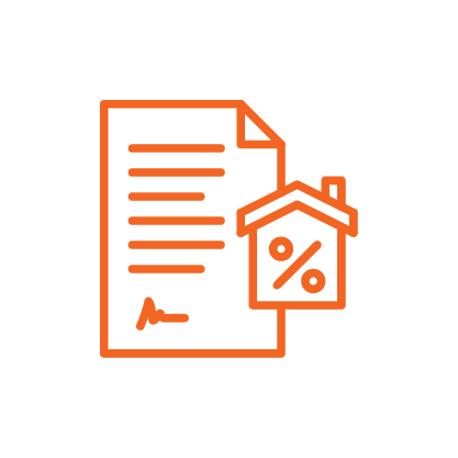 Icon of a document with a signature and a house with a percentage sign, representing mortgage or real estate documentation.