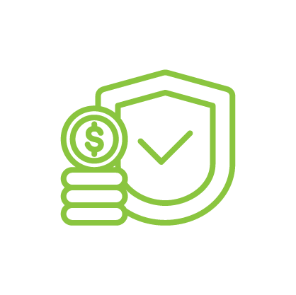 Green icon of a shield with a check mark, a stack of coins, and a dollar sign, symbolizing financial security or insurance.