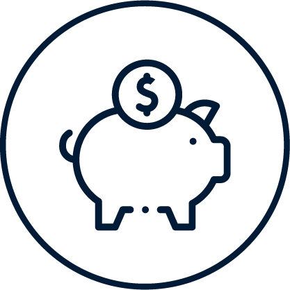 Outline of a piggy bank with a dollar sign coin above it, encircled by a line.