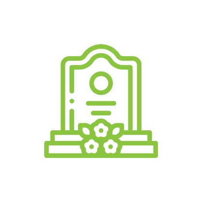 Green outline of a tombstone with flowers underneath on a black background.