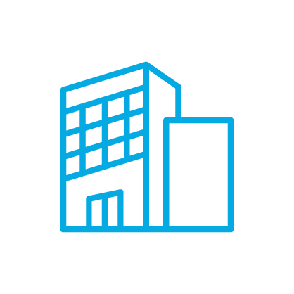 Outline drawing of a multi-story office building with a smaller adjacent building.