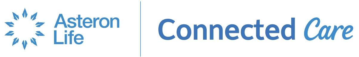 Asteron Life logo with a stylized star shape and the words 'Asteron Life Connected Care' in blue text.