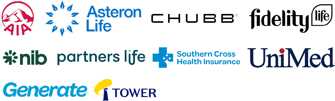 A collection of various corporate logos including AIA, Asteron Life, CHUBB, fidelity Life, nib partners life, Southern Cross Health Insurance, UniMed, Generate, and others.